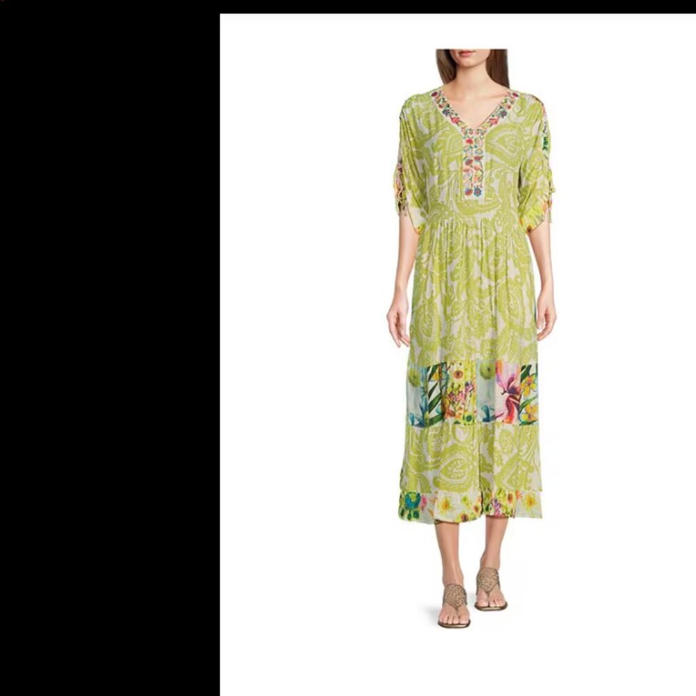 John Mark Tropical Printed Y-Neck Short Dolman Sleeve Embroidered Midi Dress